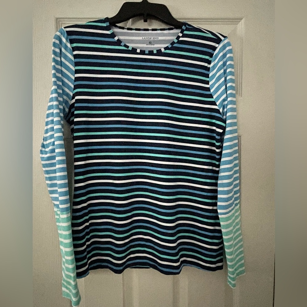 Lands' End Swim Rash Guard UPF 50 Navy / Aqua Stripe Top